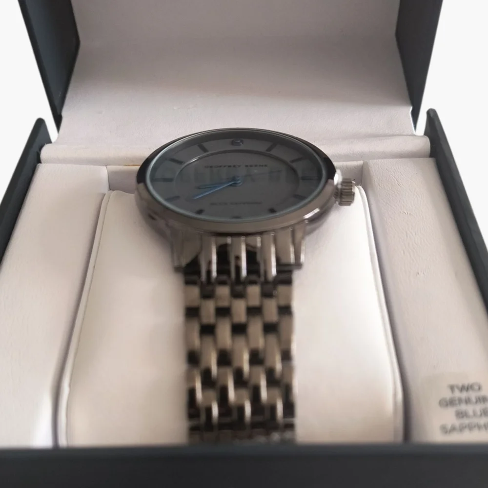 Geoffrey Beene Gunmetal Gray Stainless Steel Blue Sapphire Collection Watch